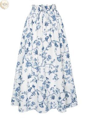 Floral Maxi Skirt High Waist Elastic Pleated A-Line Long Skirt with Pockets